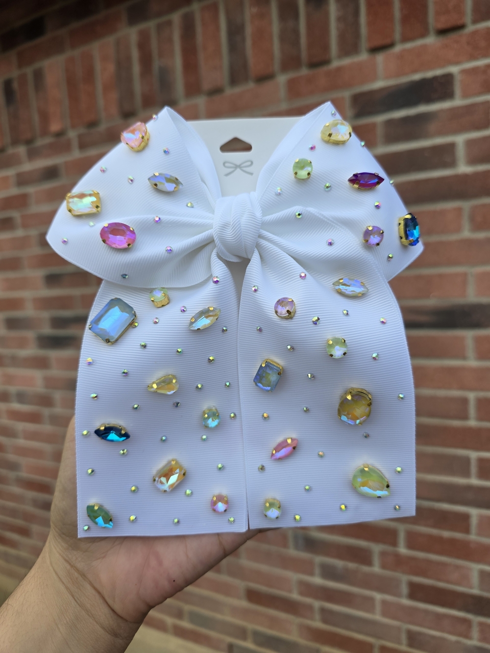 White Jeweled Kids Hair Bow with Multicolor Gem Accents